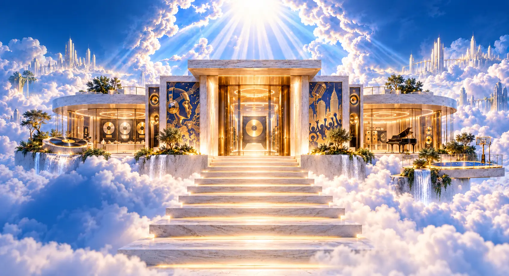 White marble Glôry HipHop mansion floating above luminous clouds